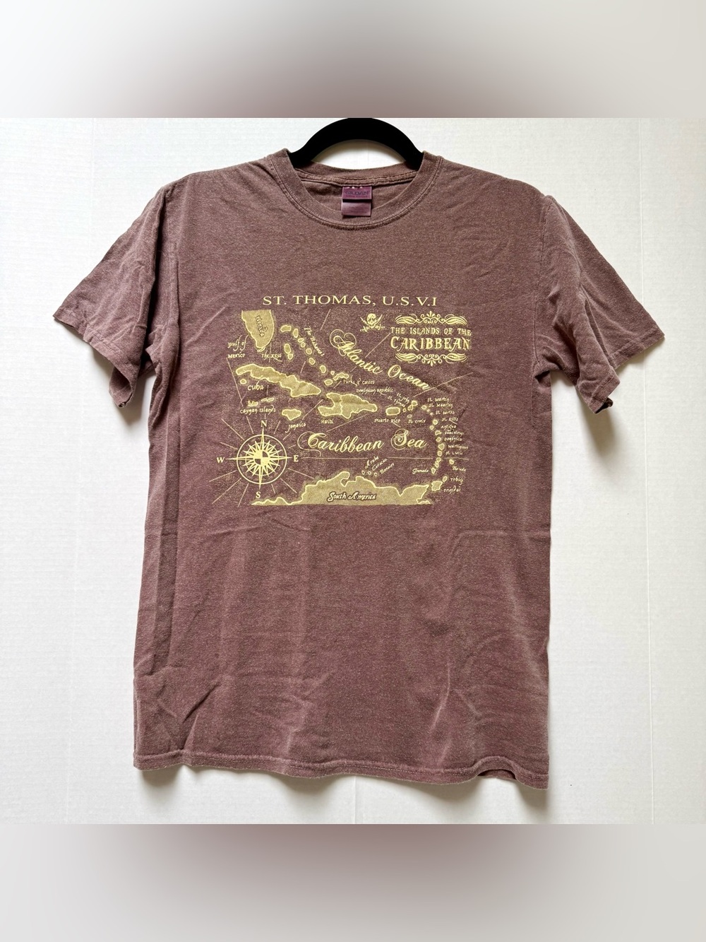 ST. THOMAS MAP TEE DISTRESSED BROWN YELLOW VINTAGE CARIBBEAN MAP GRAPHIC SMALL